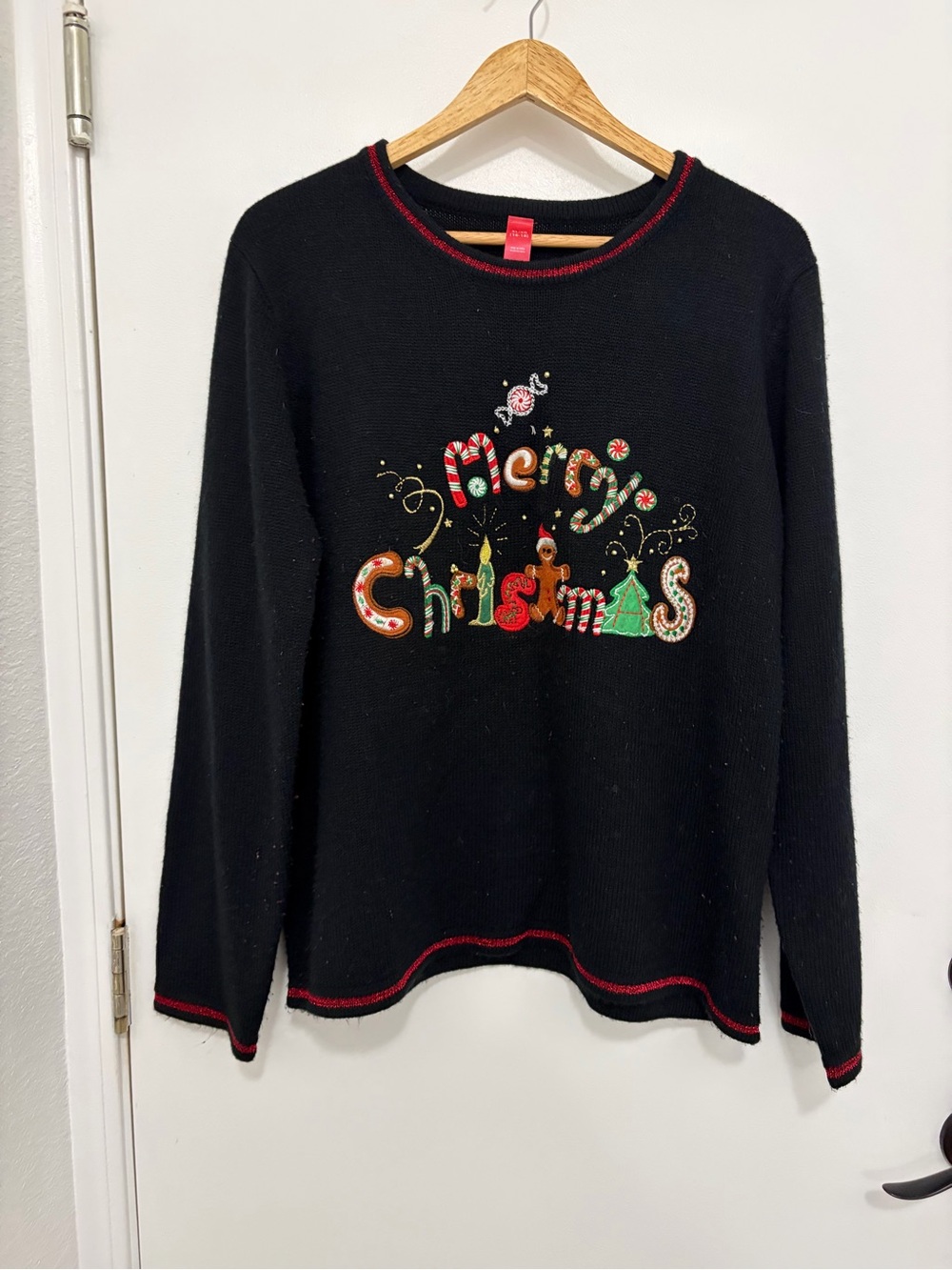 Ugly Christmas sweater Women’s Black Merry Christmas Embroidered Sweater